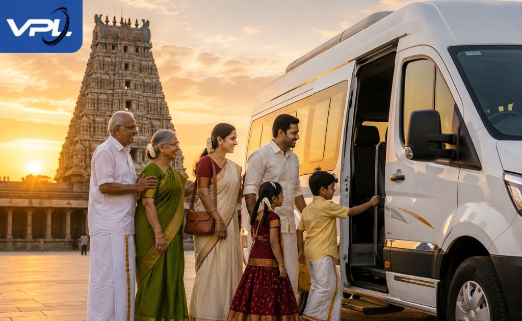 Family boarding a Tempo Traveller in Chennai for a Navagraha temple tour package