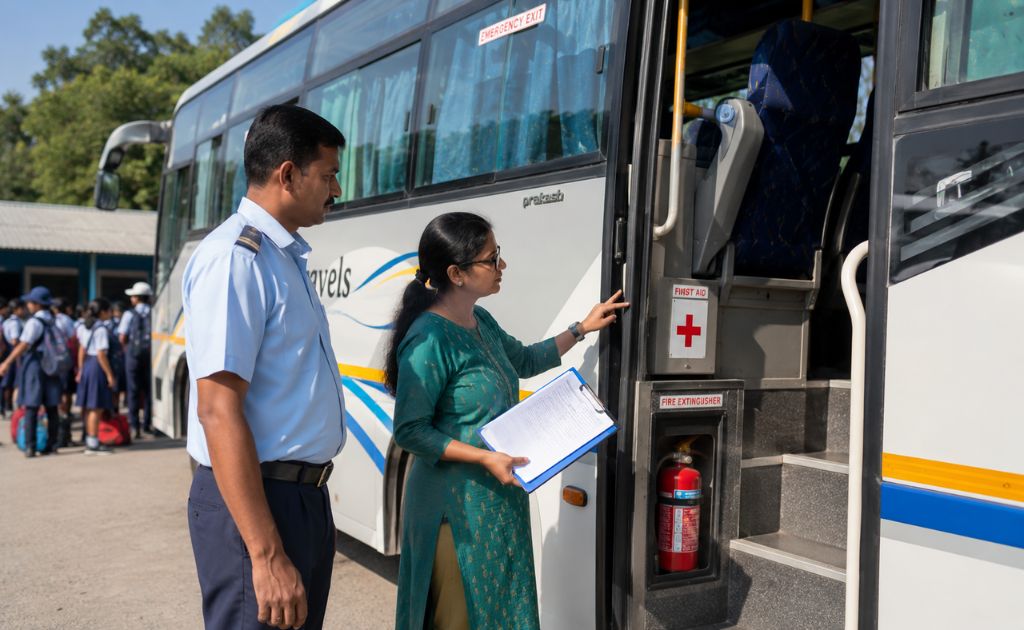 Safety inspection before booking a school trip bus in Chennai