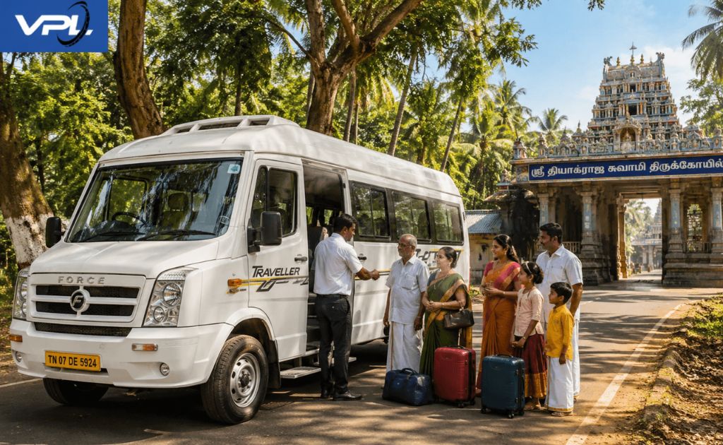 Tempo Traveller used for a Navagraha temple tour from Chennai parked near a Kumbakonam temple