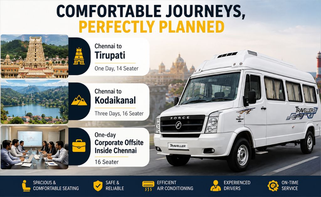 White 14 and 16 seater Tempo Traveller for Chennai to Tirupati, Chennai to Kodaikanal, and Chennai corporate offsite group travel.