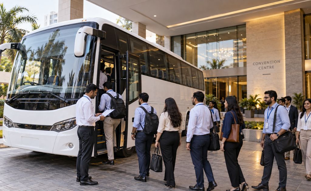 Conference delegates queuing to board a hired coach outside an event venue in Chennai