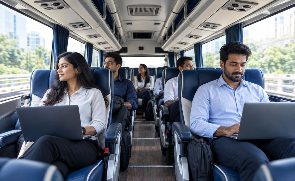 Inside a 25-seater air-conditioned mini bus with pushback seats hired for a corporate team outing - By best Corporate Bus Rentals in Chennai