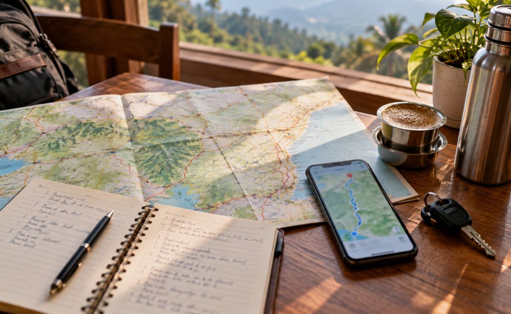 Road map, notebook and phone laid out for planning a long drive from Chennai