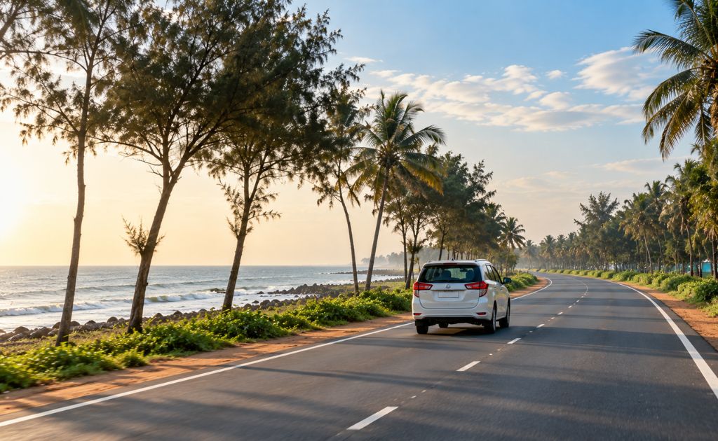 Tree-lined coastal road along the East Coast Road route from Chennai towards Mahabalipuram