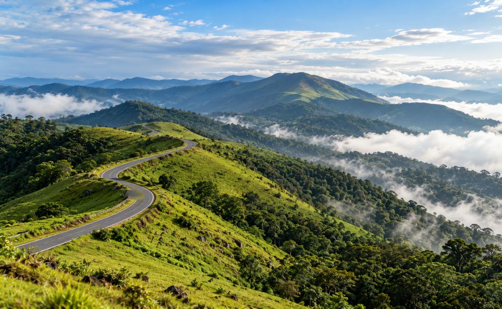 Narrow hill road curving through green ridges and mist in the Chikmagalur hills