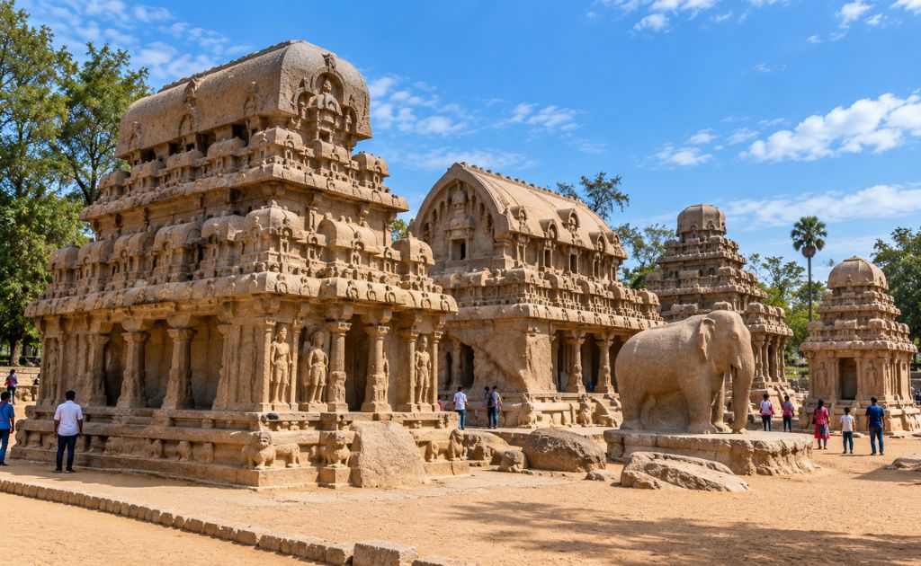 The Five Rathas monolithic temples at Mahabalipuram with the carved stone elephant
